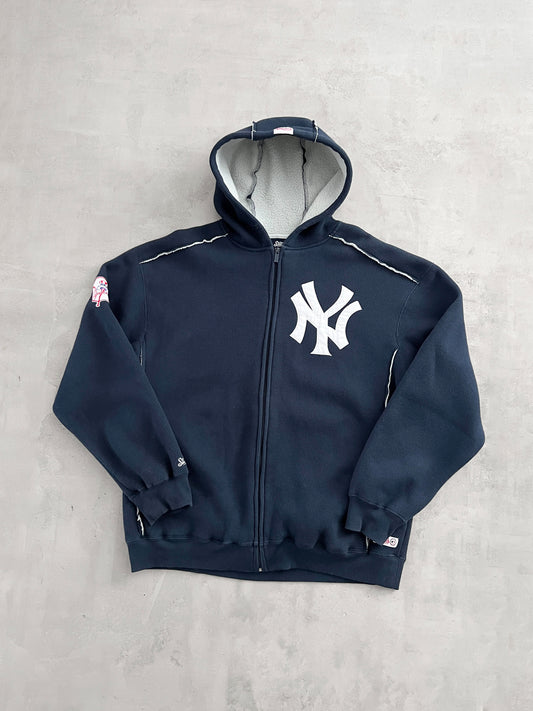 NAVY YANKEES ZIP UP HOODIE - 1990S - XL
