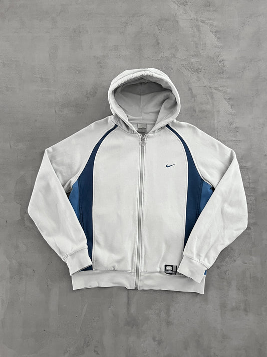 GREY/BLUE NIKE ZIP UP HOODIE - 2000S - M