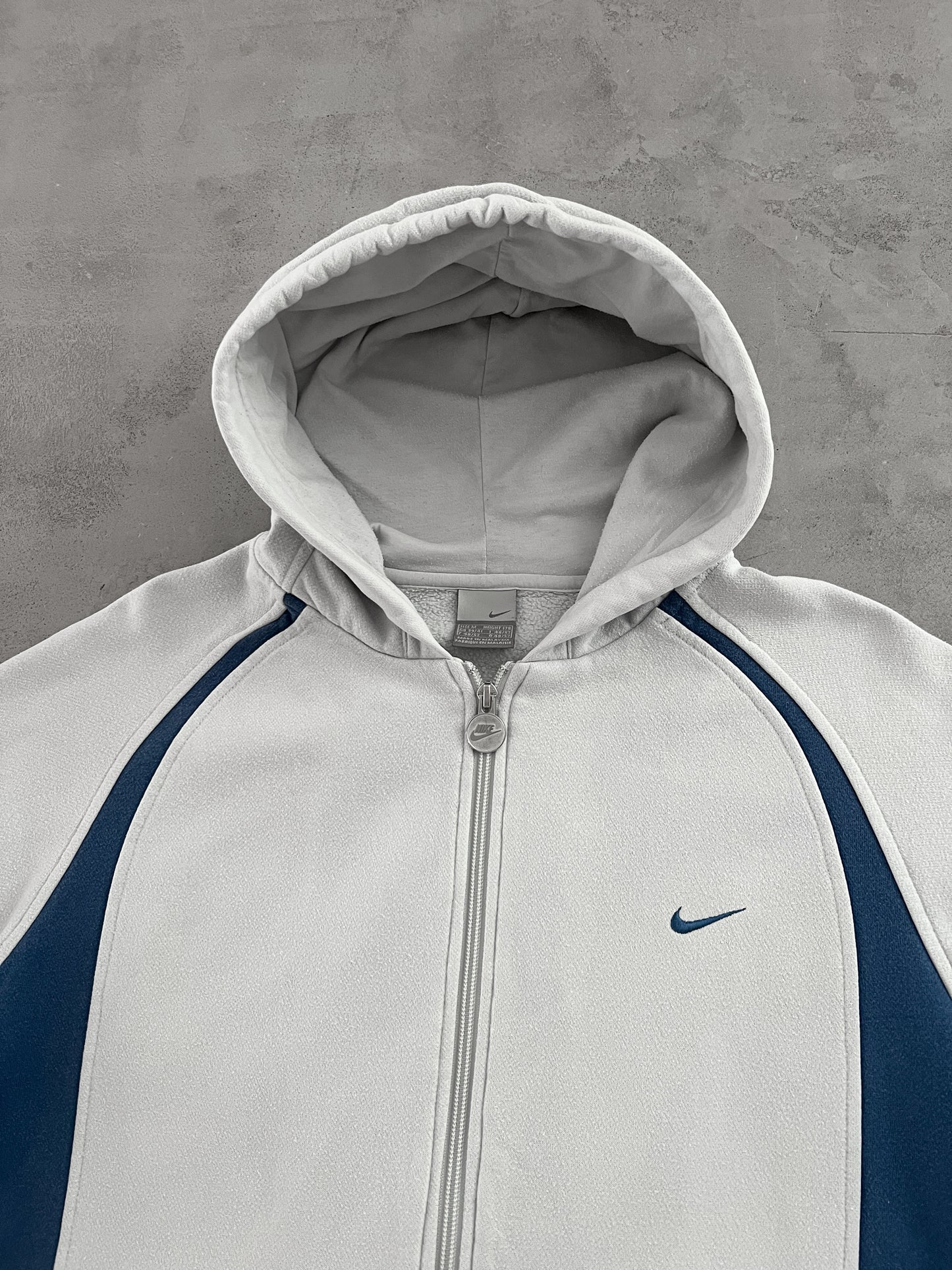 GREY/BLUE NIKE ZIP UP HOODIE - 2000S - M