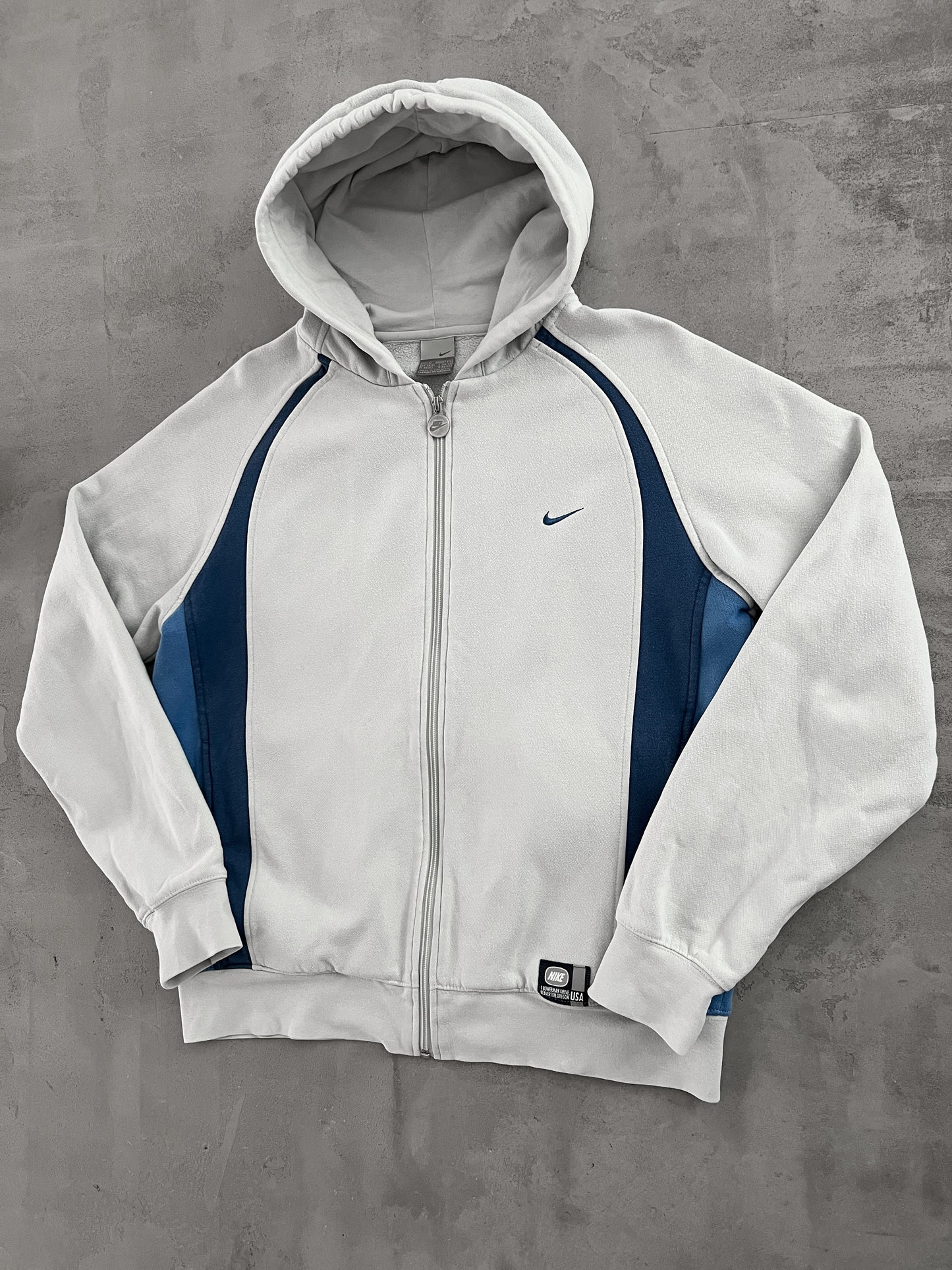 GREY/BLUE NIKE ZIP UP HOODIE - 2000S - M