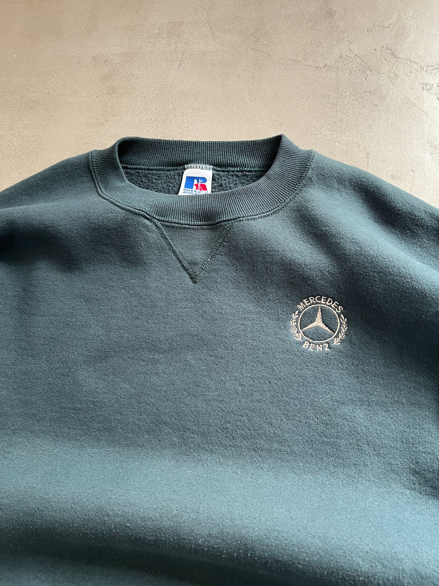 DARK TEAL MERCEDES BENZ RUSSELL SWEATER - 1990S - L/M