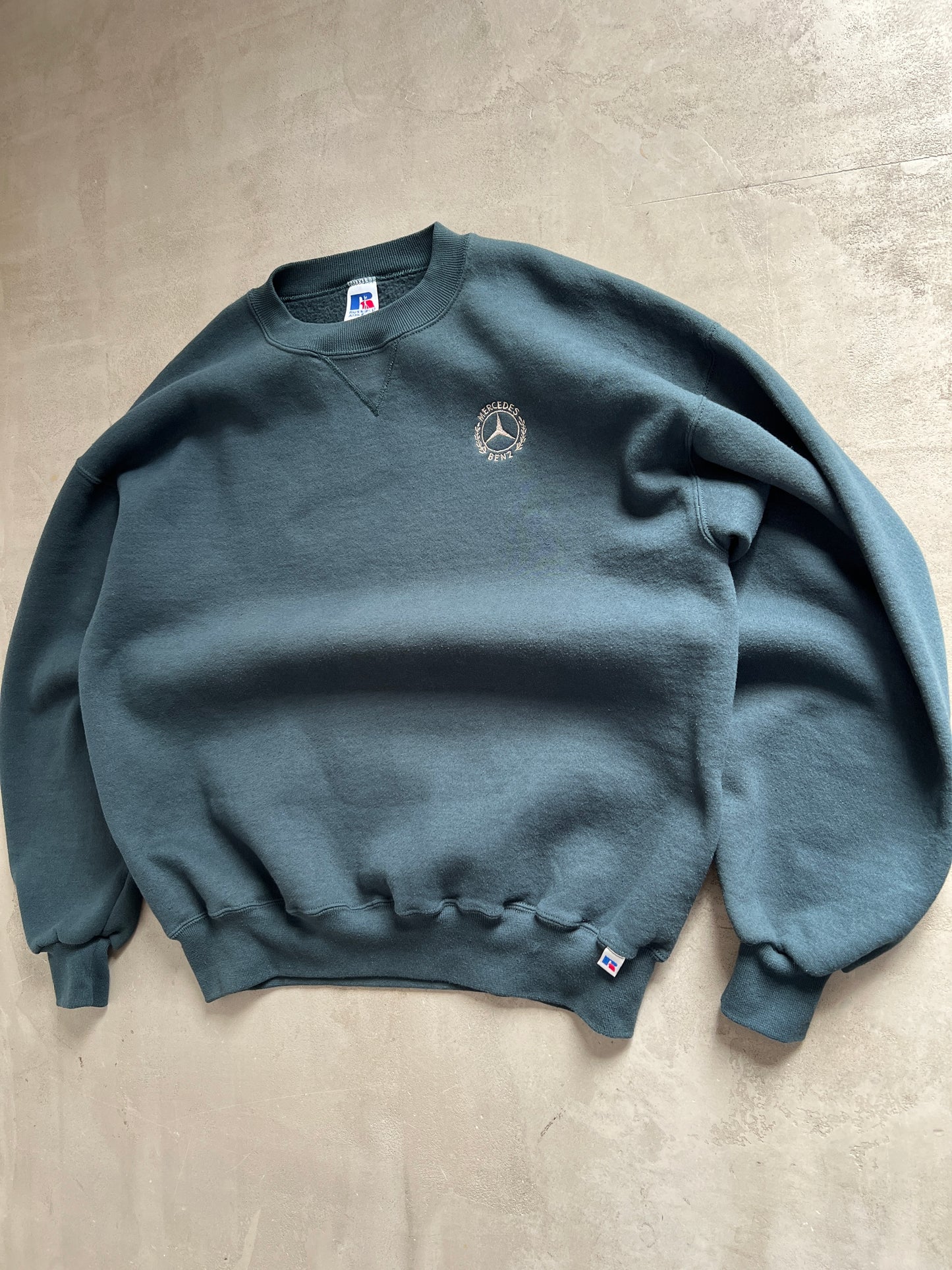 DARK TEAL MERCEDES BENZ RUSSELL SWEATER - 1990S - L/M