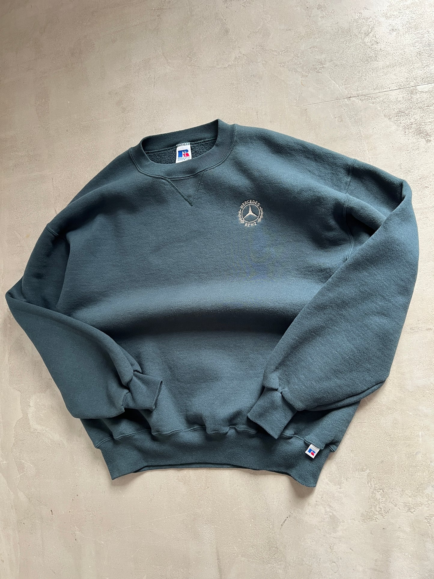 DARK TEAL MERCEDES BENZ RUSSELL SWEATER - 1990S - L/M