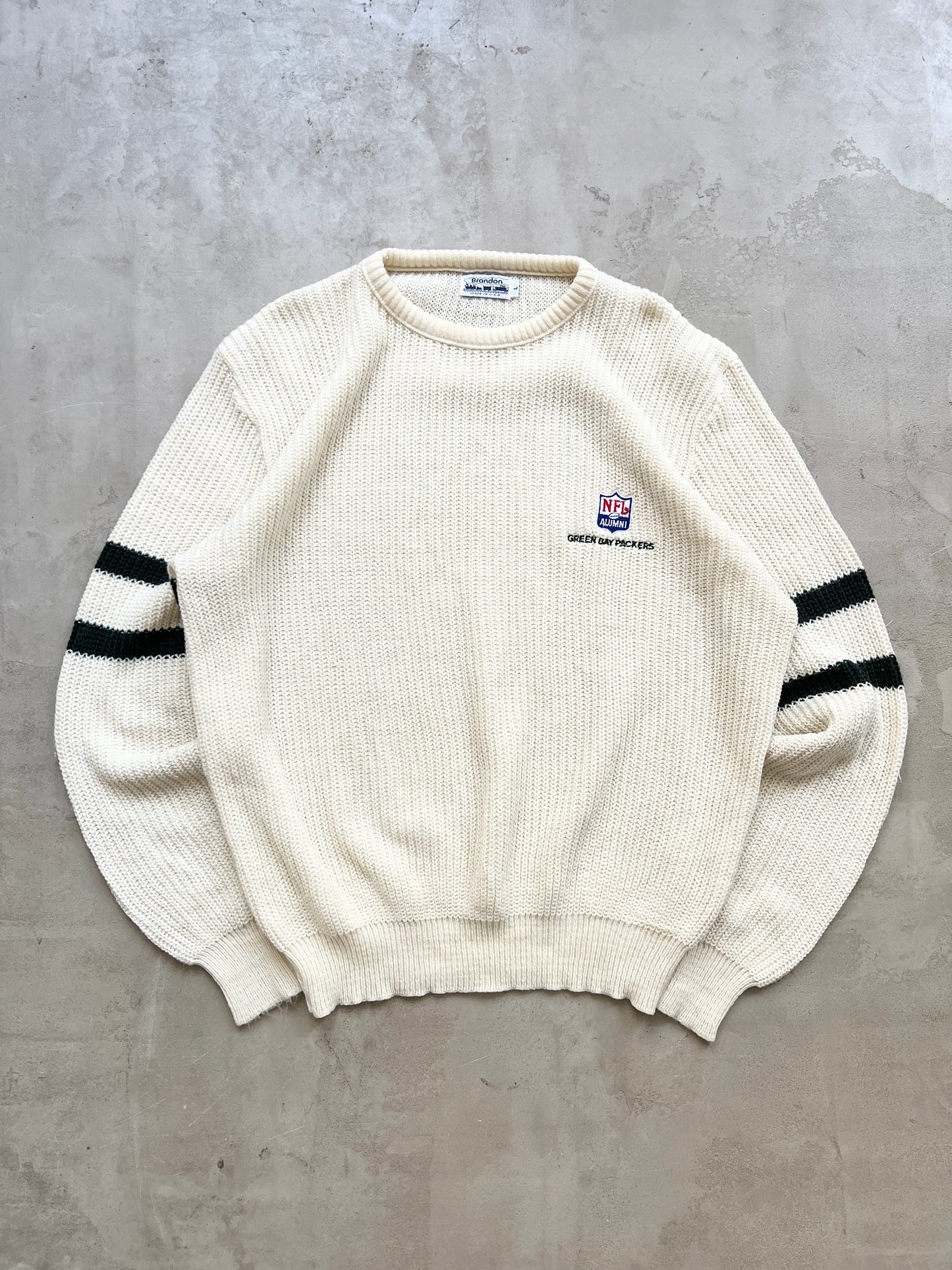 LIGHT BEIGE GREEN BAY PACKERS NFL KNIT SWEATER - 1990S - L