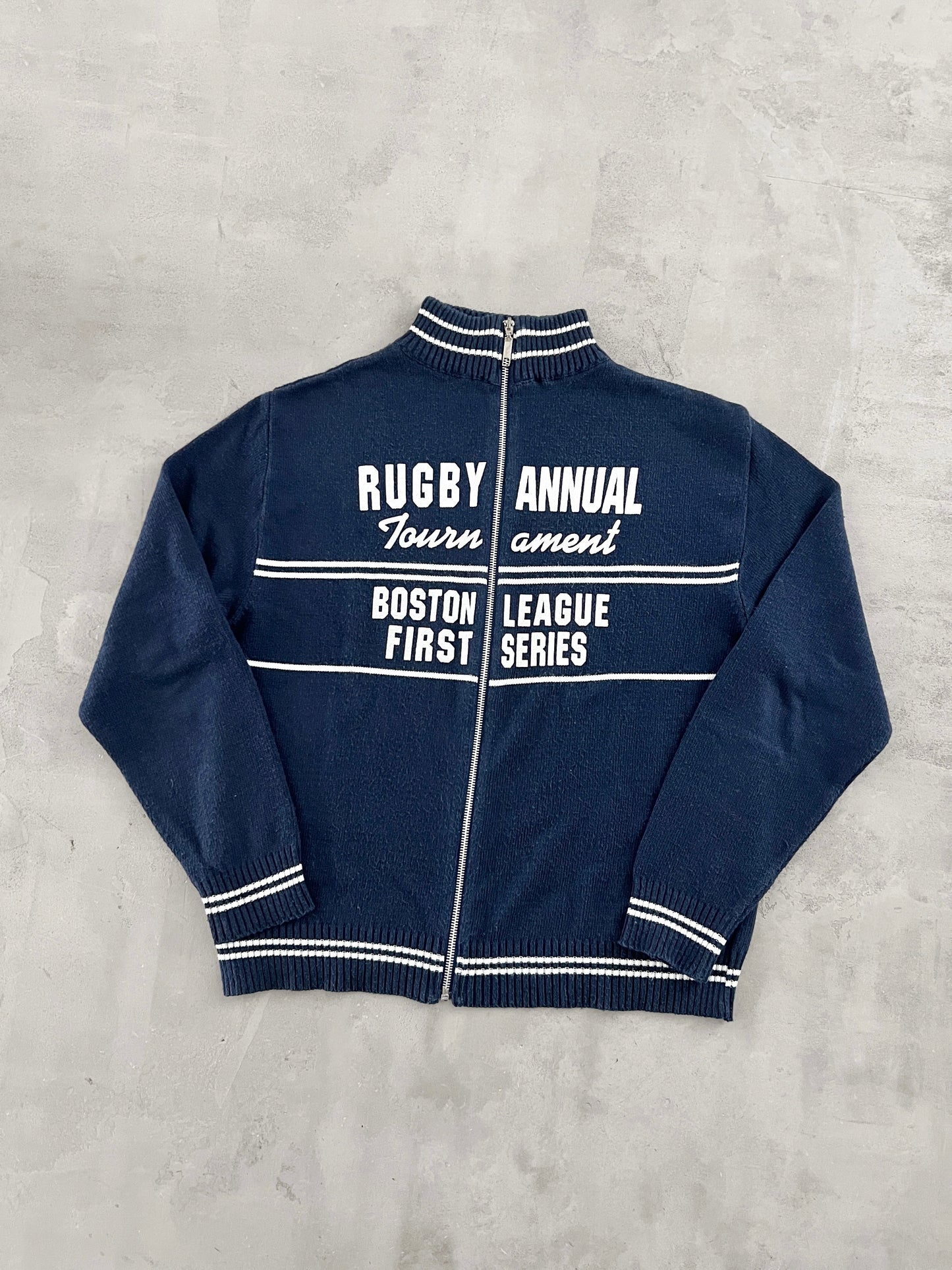 NAVY RUGBY BOSTON KNIT JACKET - 1990S - S