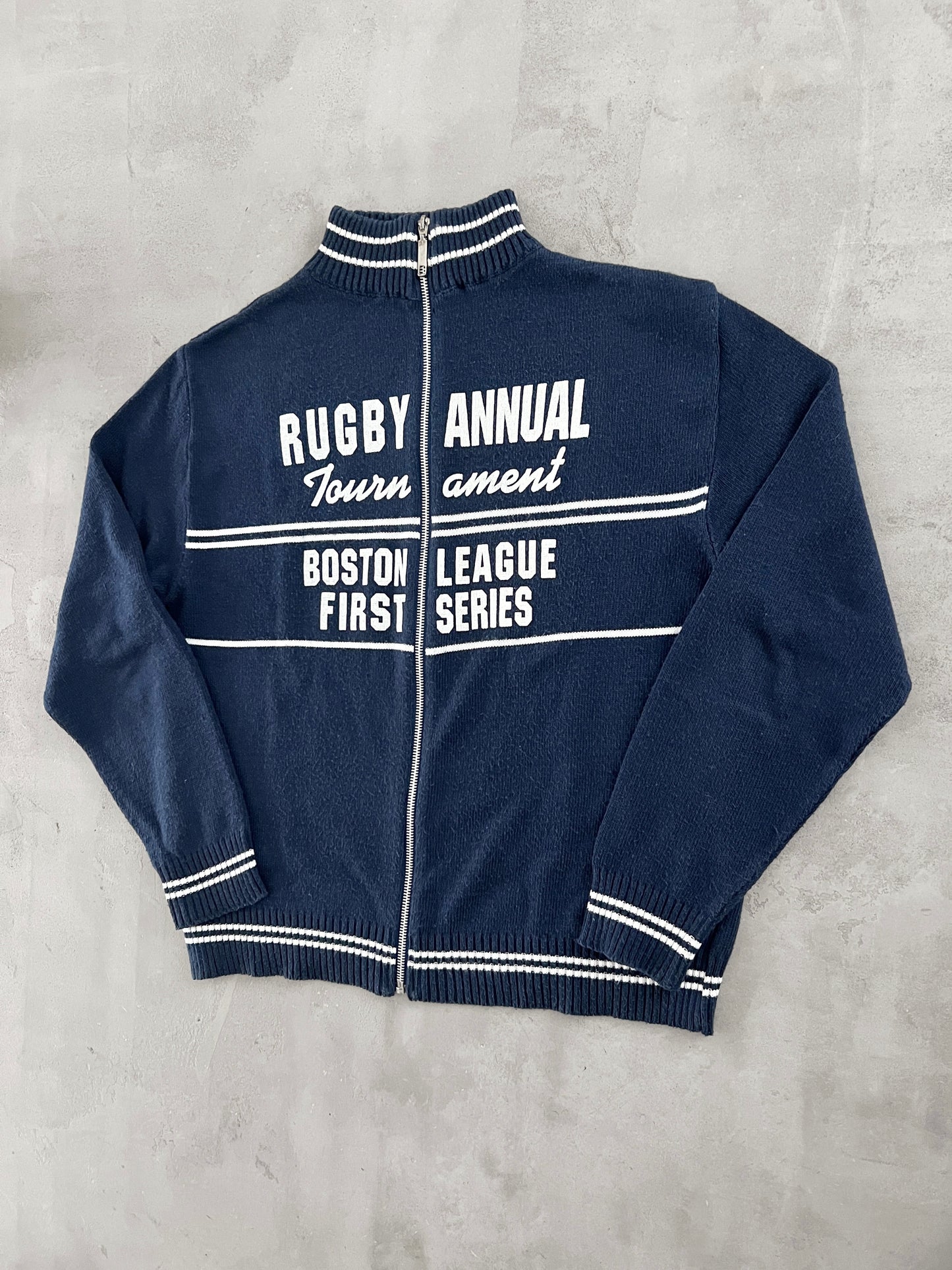 NAVY RUGBY BOSTON KNIT JACKET - 1990S - S