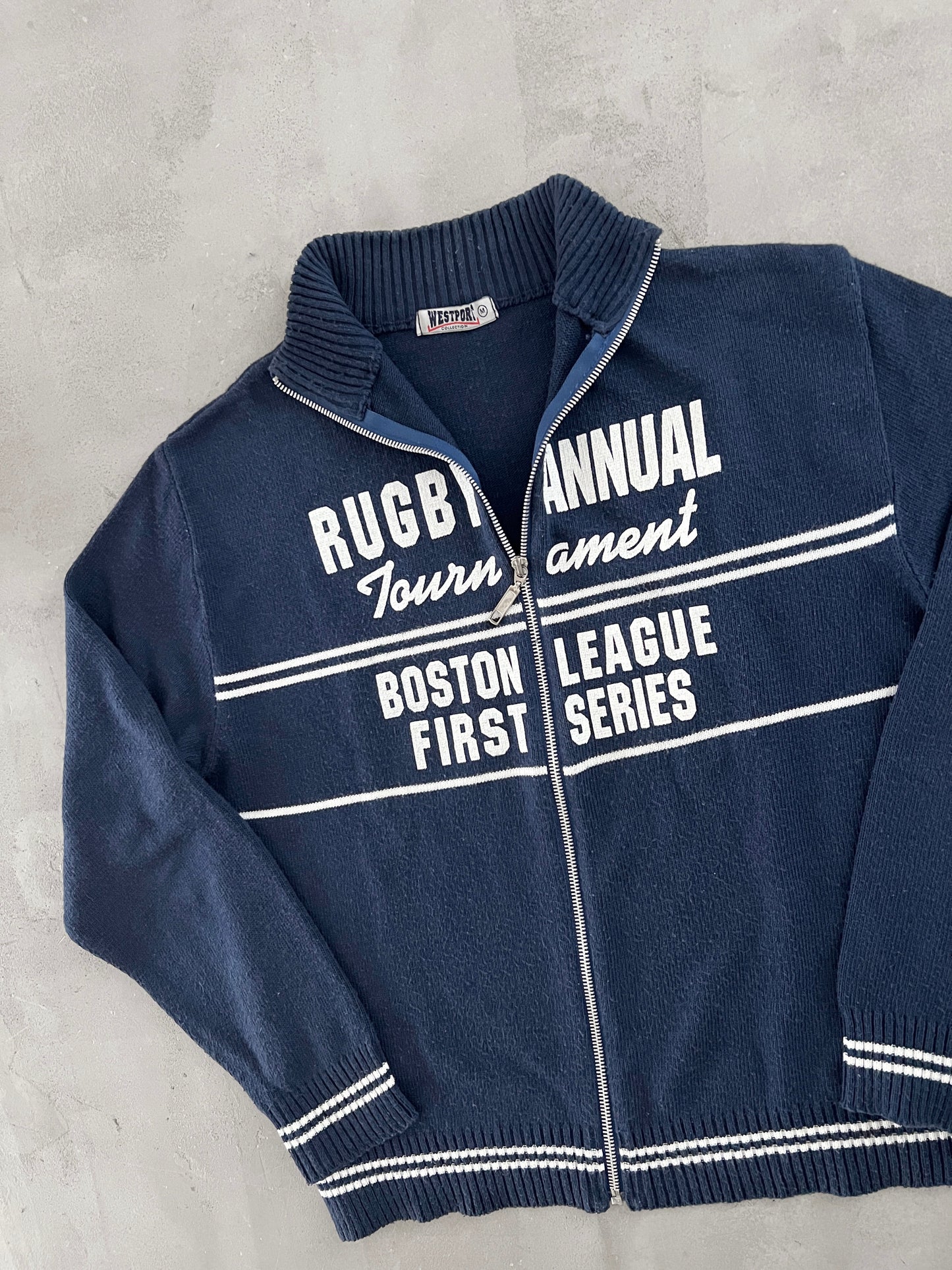 NAVY RUGBY BOSTON KNIT JACKET - 1990S - S